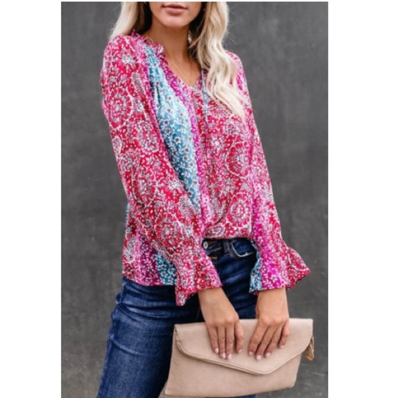 Women Pink Floral Split Neck Printed Boho Blouse - Picture 3 of 7